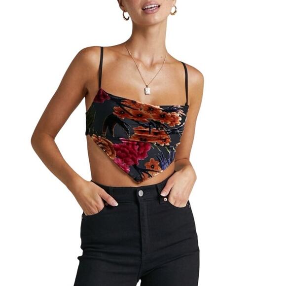 WeWoreWhat Tops - Revolve WeWoreWhat Focked Velvet Cowl Top V-Hem Floral Black Multi Womens M NWT